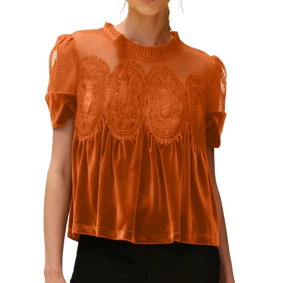 Lumtrix Women Velvet Lace Mesh Floral Crochet Babydoll Top Short Sleeve Ruffle Hem Blouse Casual Crew Neck Peplum Shirt Elegant Loose Top Saffron S