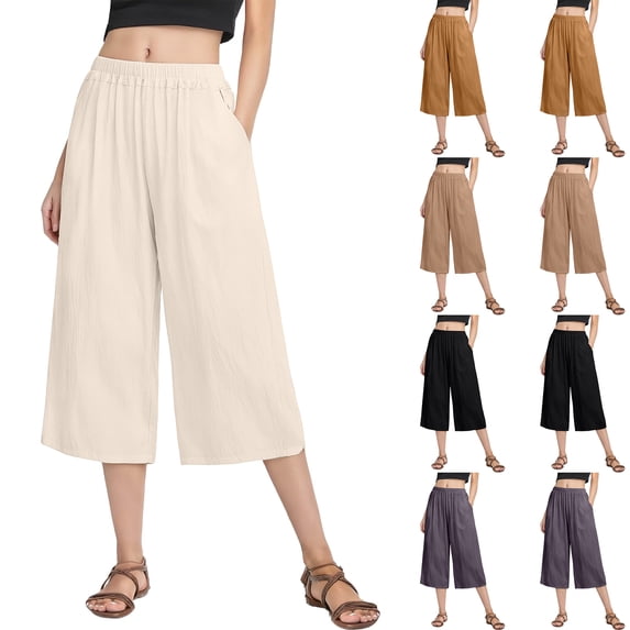Lumtrix Women Wide Leg Linen Pants Flowy Palazzo Elastic Waist Capri Pants with Pockets Summer Beach Vacation Trousers Black M