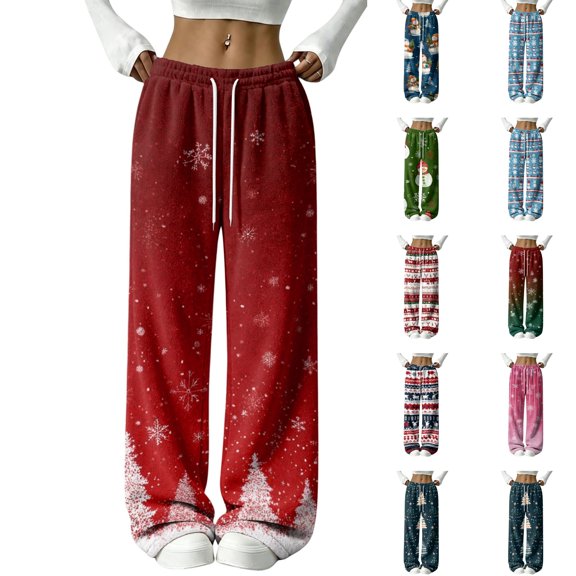 Lumtrix Women Wide Leg Pant Christmas Party Flannel Christmas Pattern Loose Fit Elastic Waist Pants Lounge Festive Sweat Pants with Pockets Wine S