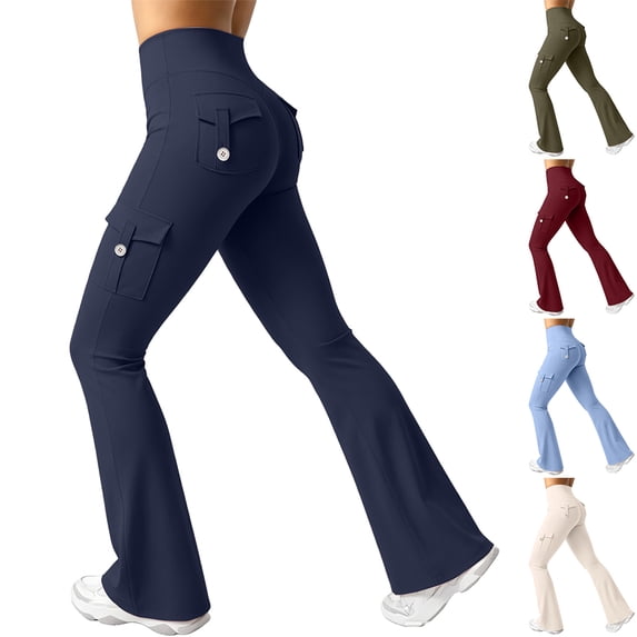 Lumtrix Women Workout Flare Leggings with Pockets Yoga Pants High Waisted Tummy Control Cargo Leggings Wine M