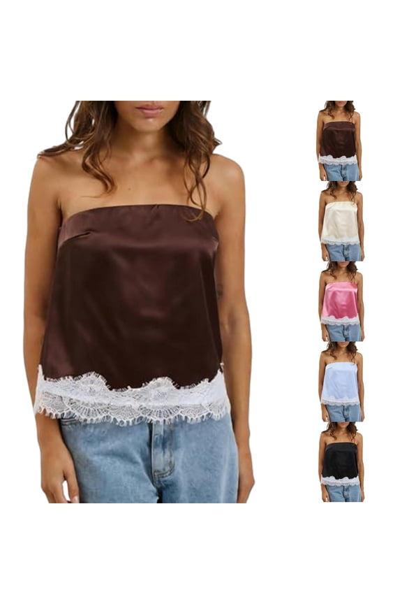 Women Y2K Lace Trim Satin Tube Top Silky Strapless Loose Bandeau Top Going Out Layering Shirt Streetwear Blue XL