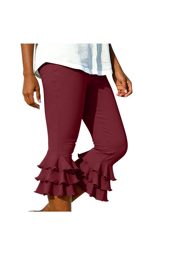 Women Y2K Yoga Capri Pants Layered Ruffle Hem Cropped Flare Pants Summer Casual Stretch Slim Fit Bell Bottoms Leggings with Pockets Wine S