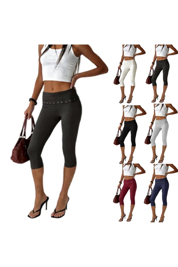 Women Y2k Low Rise Capris Button Foldover Capri Leggings Split Skinny Cropped Pants Going Out Capris Yoga Pants White M