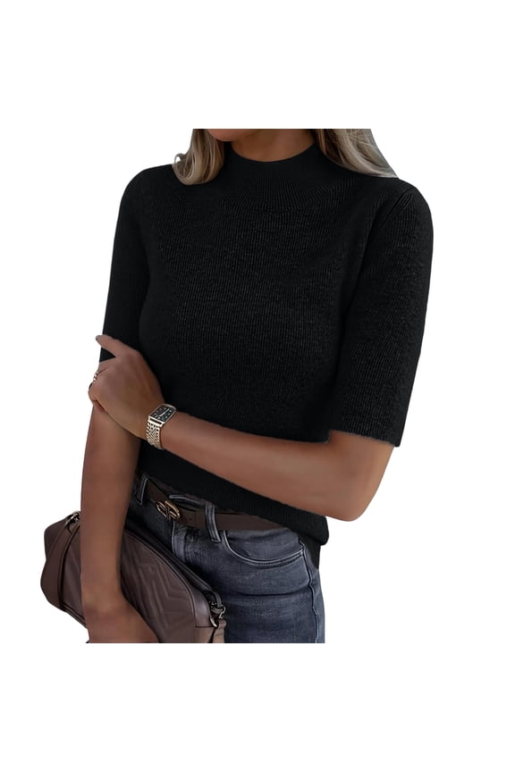 Women's 2026 Fall Summer Mock Neck Short Sleeve Sweater Ribbed Knit Slim Fit Half Sleeve Shirt Casual Solid Tee Black XL