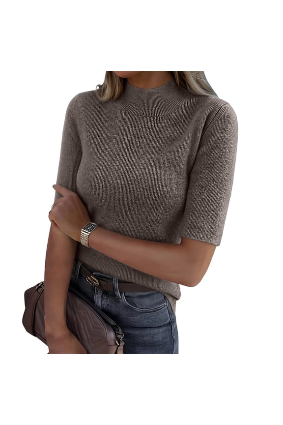 Women's 2026 Fall Summer Mock Neck Short Sleeve Sweater Ribbed Knit Slim Fit Half Sleeve Shirt Casual Solid Tee Coffee M