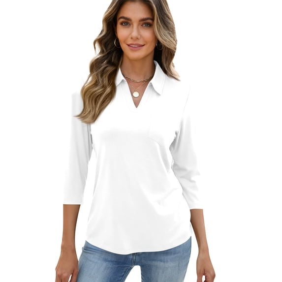 Lumtrix Women's 3/4 Length Sleeve V-Neck Collared Top Summer Business Casual Work Polo Shirts 2026 White 3XL