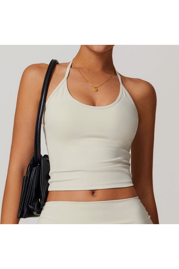 Women's Backless Halter Crop Tank Tops Cute Tie Back Summer Trendy Sleeveless Shirts Casual Scoop Neck Tee Beige M