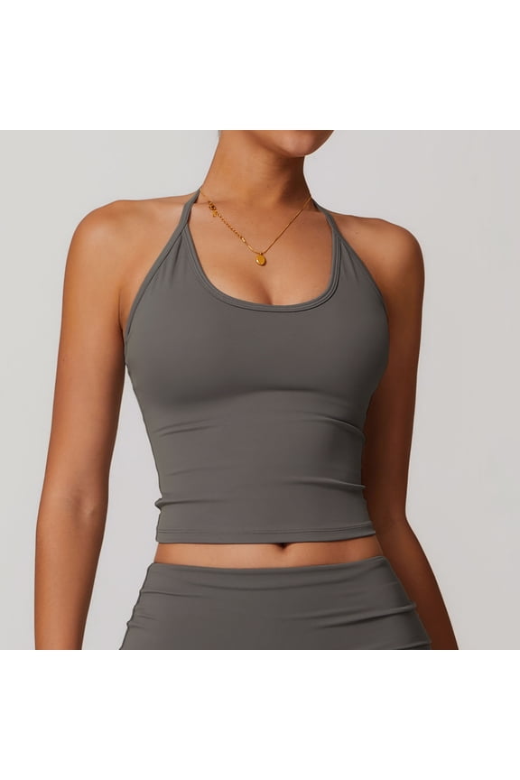 Women's Backless Halter Crop Tank Tops Cute Tie Back Summer Trendy Sleeveless Shirts Casual Scoop Neck Tee Gray S