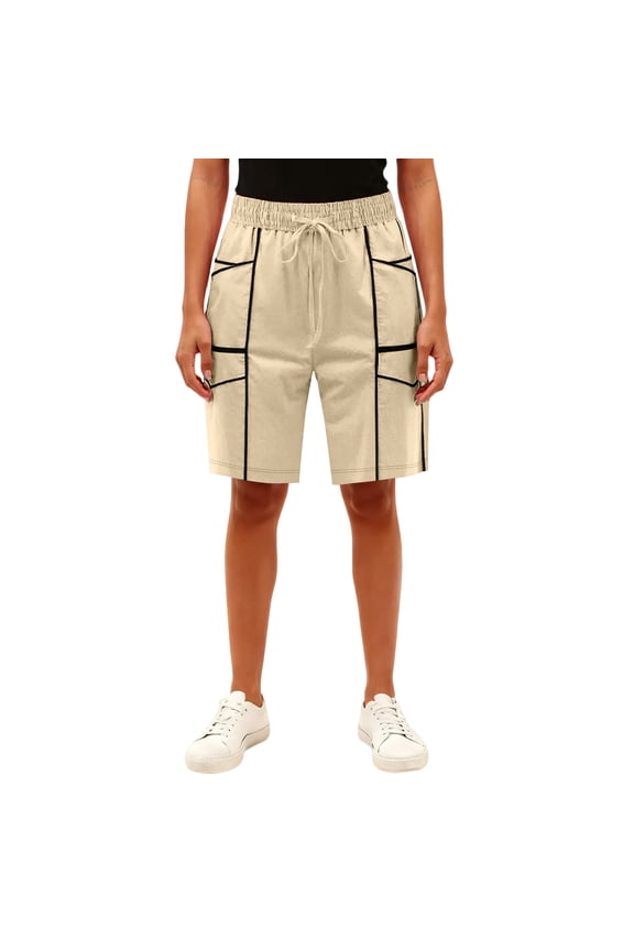 Women's Barrle Bermuda Shorts Long Elastic High Waisted Comfy Knee Length Shorts with Pockets for Athletic Casual Wear Beige 2XL