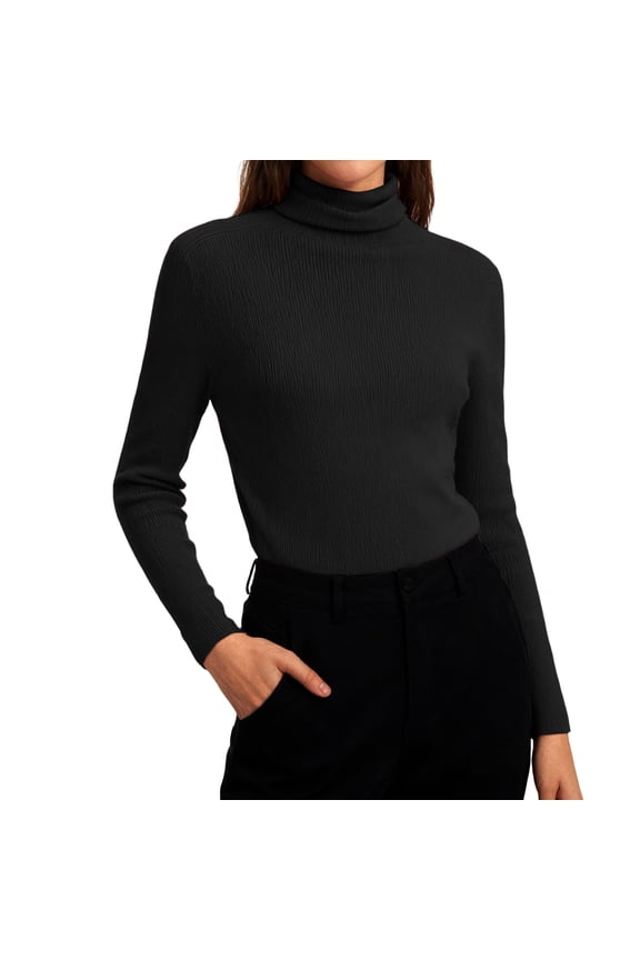 Women's Basic Long Sleeve Shirts Mock Turtle Neck Soft Winter Slim Fit Underwear Tops 2026 Spring Knit Pollover Black L