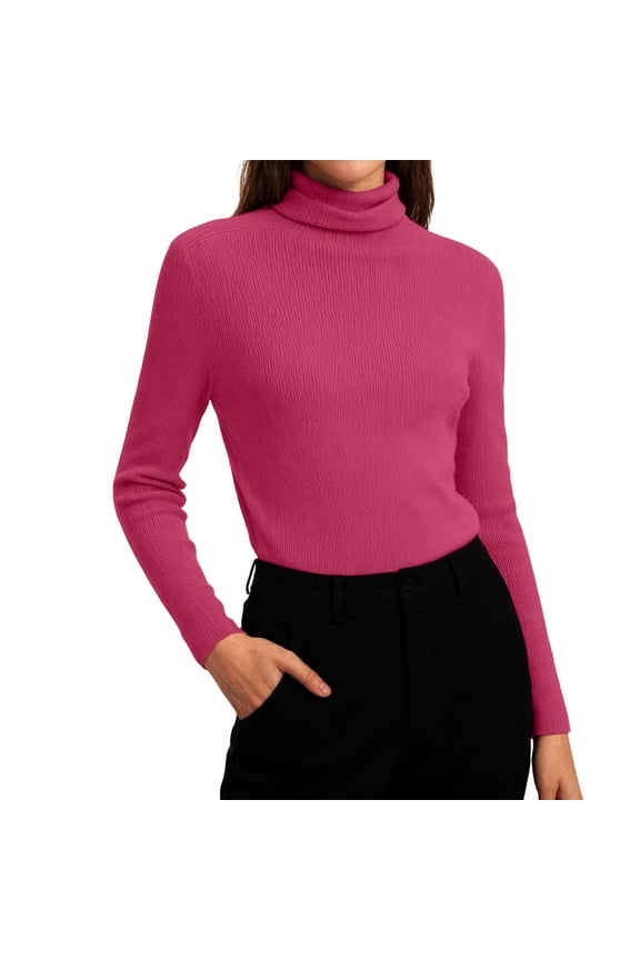 Women's Basic Long Sleeve Shirts Mock Turtle Neck Soft Winter Slim Fit Underwear Tops 2026 Spring Knit Pollover Hot Pink XL