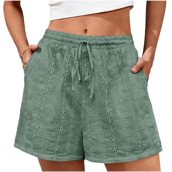 Lumtrix Women's Boho Eyelet Short Summer Vacation Wide Leg Drawstring Elastic waist Shorts with Pockets Green L