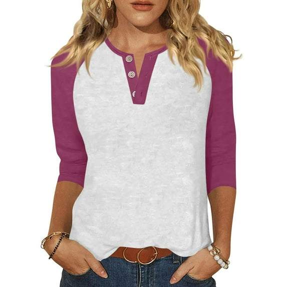 Lumtrix Women's Casual 3/4 Sleeve T Shirts Button Down V Neck Tunic Blouses Color Block Basic Tee Tops Loose fit Summer Henley Shirt Wine 3XL