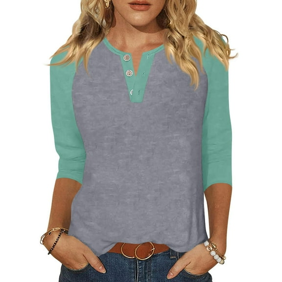Lumtrix Women's Casual 3/4 Sleeve T Shirts Button Down V-neck Tunic Blouses Color Block Basic Tee Tops Loose fit Summer Shirt Cyan L