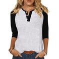 thumbnail image 1 of Lumtrix Women's Casual 3/4 Sleeve T Shirts Button Down V-neck Tunic Blouses Color Block Basic Tee Tops Loose fit Summer Shirt White 2XL, 1 of 4