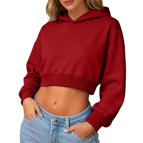 Lumtrix Women's Casual Crop Hoodie - Long Sleeve Cute Plain Workout Sweatshirt Drawstring Hooded Pullover Top Wine L