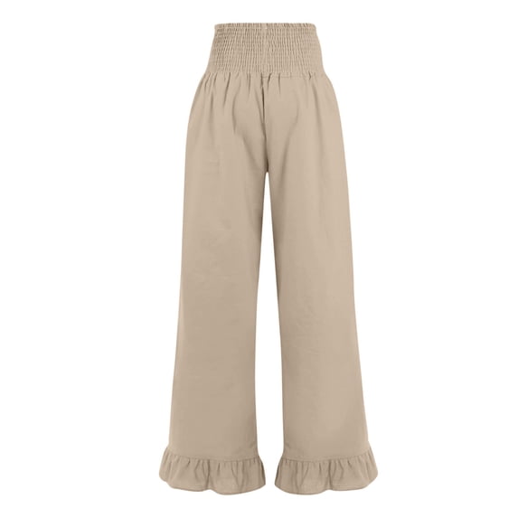 Lumtrix Women’s Casual Linen Pants Wide Flared Leg Drawstring Palazzo Pants Summer Beach Ruffle Trousers with Pockets Beige L