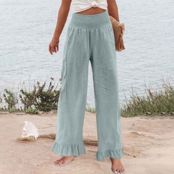 Lumtrix Women’s Casual Linen Pants Wide Flared Leg Drawstring Palazzo Pants Summer Beach Ruffle Trousers with Pockets Light Gray S
