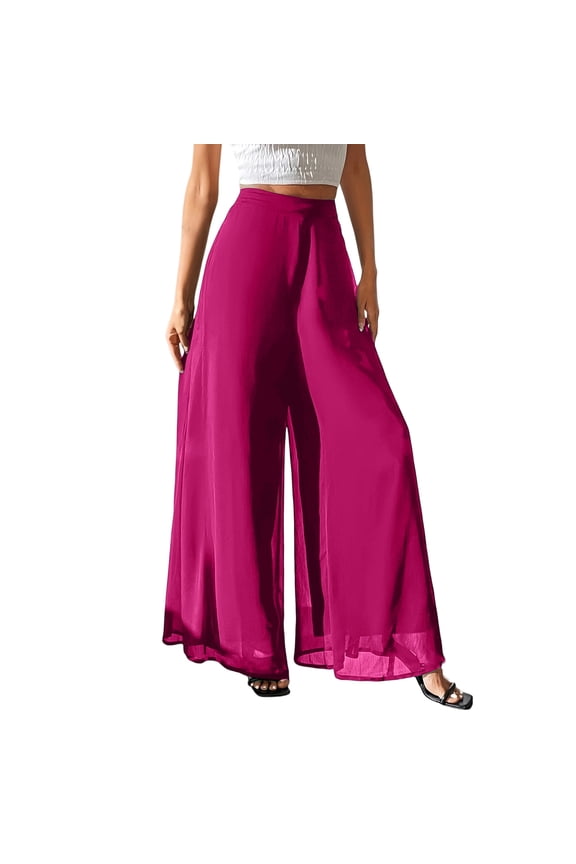 Women's Chiffon Pleated Wide Leg Pants Baggy Culotte Dressy Casual Palazzo Pants Flowy Loose Beach Trousers Hight Waist Pants Hot Pink S