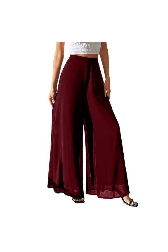 Women's Chiffon Pleated Wide Leg Pants Baggy Culotte Dressy Casual Palazzo Pants Flowy Loose Beach Trousers Hight Waist Pants Wine XL