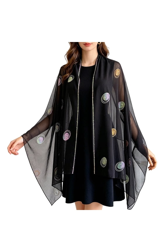 Women's Chiffon Shawl with Sparkly Pattern Lightweight Sheer Wrap for Wedding & Evening Dress Black One Size