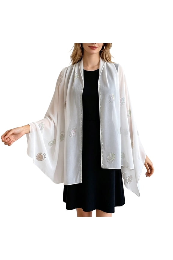 Women's Chiffon Shawl with Sparkly Pattern Lightweight Sheer Wrap for Wedding & Evening Dress White One Size