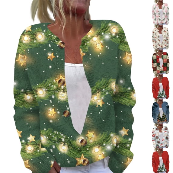 Lumtrix Women's Christmas Knit Cardigan Sweater Xmas Print Long Sleeve Button Down Cardigan Winter Holiday Christmas Party Crewneck Tops Green 2XL