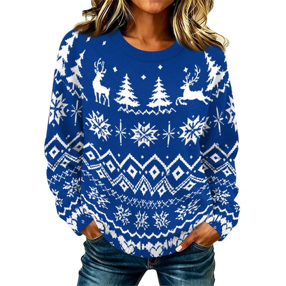 Lumtrix Women's Christmas Patterns Knitted Sweater Long Sleeve Christmas Tree Printed Pullover Tops Blue M