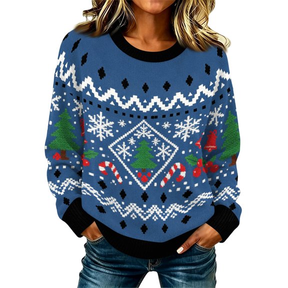 Lumtrix Women's Christmas Patterns Knitted Sweater Long Sleeve Christmas Tree Printed Pullover Tops Dark Blue S