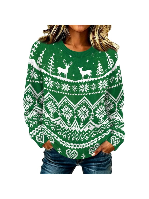 Women's Christmas Patterns Knitted Sweater Long Sleeve Christmas Tree Printed Pullover Tops Green XL