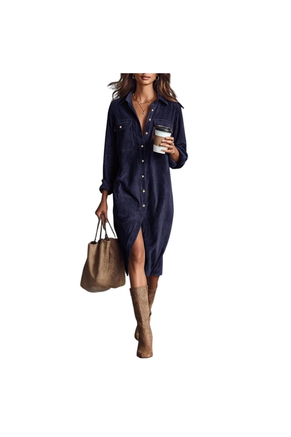 Women's Corduroy Shirt Dress V-Neck Button Down Midi with Long Sleeves Loose Fit Everyday Casual Dress Navy 2XL