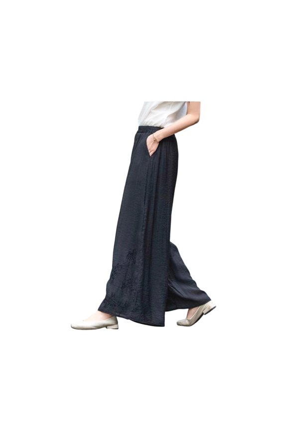 Women's Cotton Linen Pants Embroidery Wide Leg Pants Elastic High Waist Casual Palazzo Trousers Black L