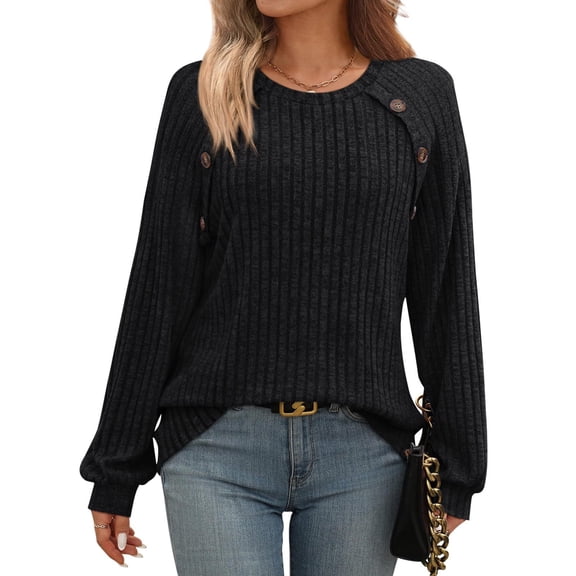 Lumtrix Women's Crew Neck Fall Dressy Casual Sweater Tops 2025 Button Clothing Black M