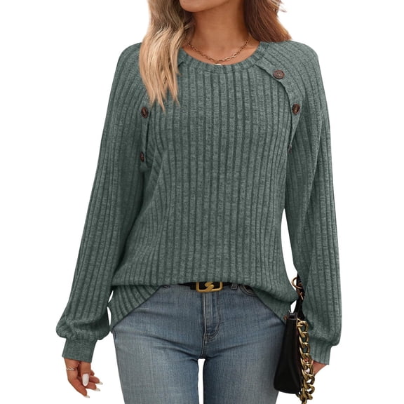 Lumtrix Women's Crew Neck Fall Dressy Casual Sweater Tops 2025 Button Clothing Dark Green S