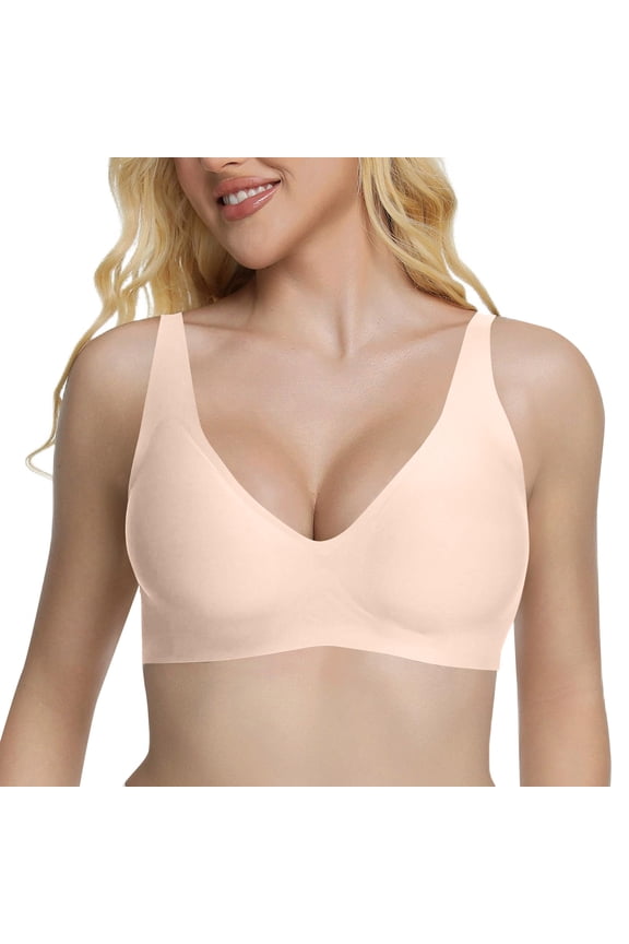 Women’s Deep V Jelly Wireless Bras Gel Seamless Comfortable Bralette No Underwire Push Up T-Shirt Bra Beige L