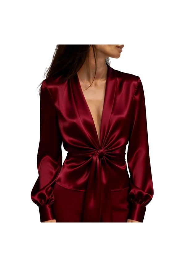 Women's Deep V Neck Satin Blouses Puff Long Sleeve Tie Shirt Casual Waist Wrap Shirt Tops Wine L