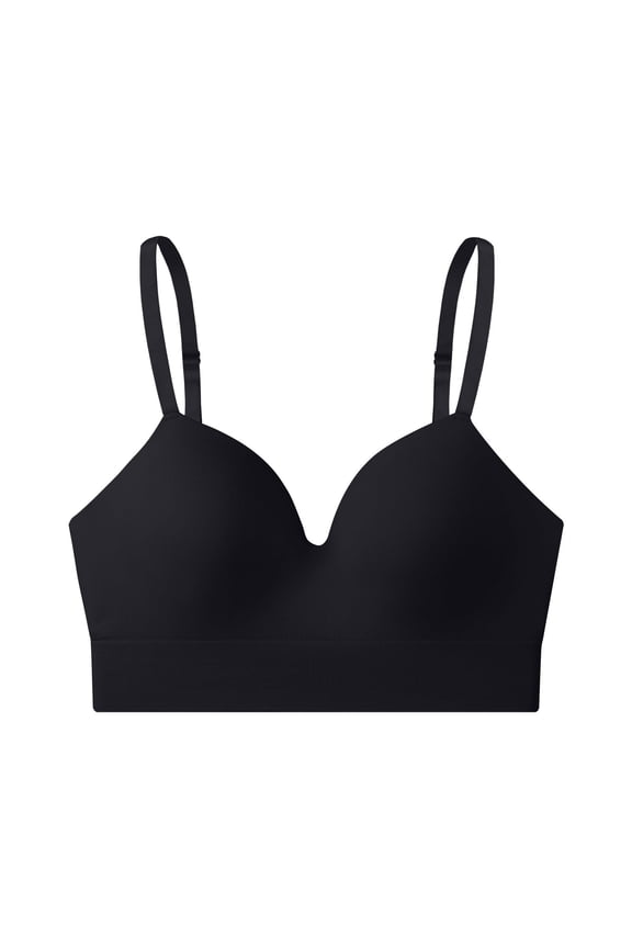 Women's Deep V Wireless Push Up Bra No Underwire Supportive Padded Longline Bralette Black 32