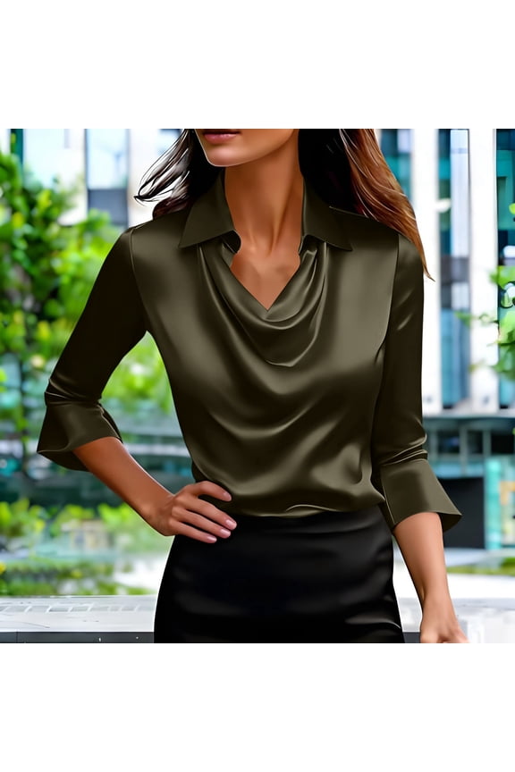 Women's Elegant Cowl Neck Satin Blouse Dressy Bell 3/4 Sleeve Office Work Shirt Casual Ruched Collared Top Army Green L