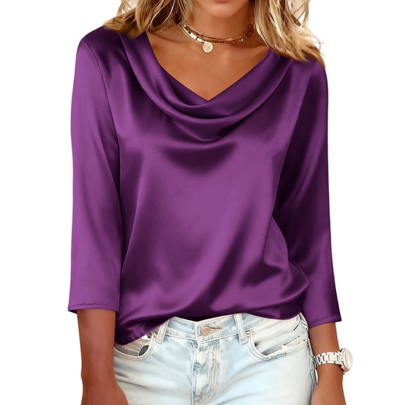 Lumtrix Women's Elegant Solid Satin Cowl Neck Blouse Long Sleeves Casual Business Dressy Shirts Office Work Ladies Top Light Purple L