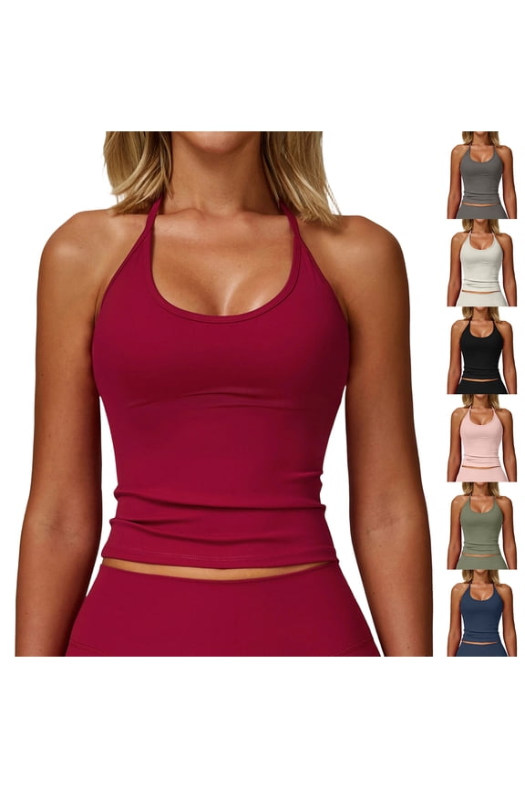 Women's Halter Tank Top Backless Scoop Neck Slim Fitted Camisole Workout Gym Tie Back Crop Tee Navy S