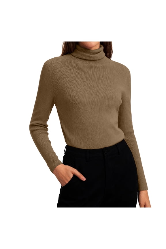 Women's Long Sleeve Turtleneck Shirts Casual Ribbed Basic Tee Slim Soft Tops 2026 Fall Going Out Clothes Casual Pullover Gold 2XL