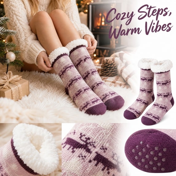 Lumtrix Women's & Men's Christmas Fuzzy Slipper Socks with Grippers Super Soft Warm Fleece Lined Cozy Home Socks Winter Gifts C One Size