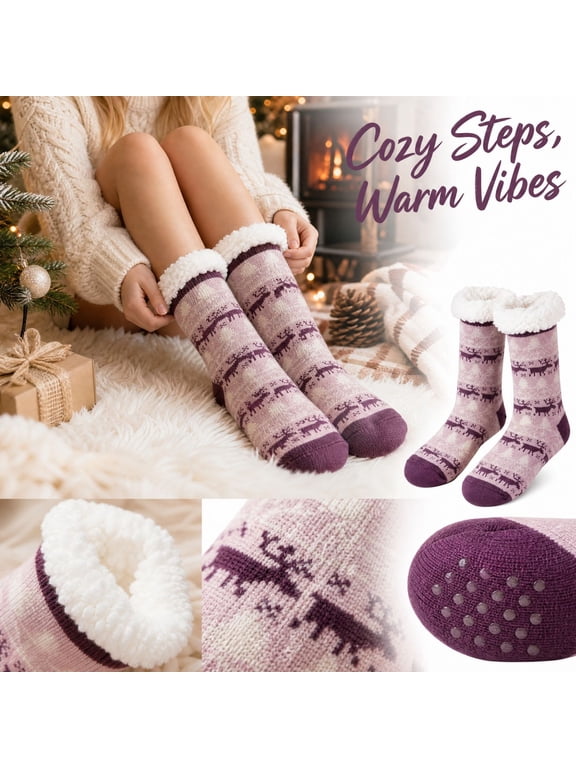 Women's & Men's Christmas Fuzzy Slipper Socks with Grippers Super Soft Warm Fleece Lined Cozy Home Socks Winter Gifts C One Size