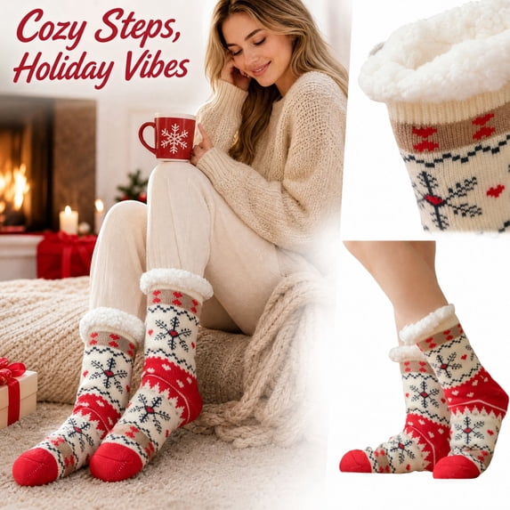 Lumtrix Women's & Men's Christmas Fuzzy Slipper Socks with Grippers Super Soft Warm Fleece Lined Cozy Home Socks Winter Gifts F One Size