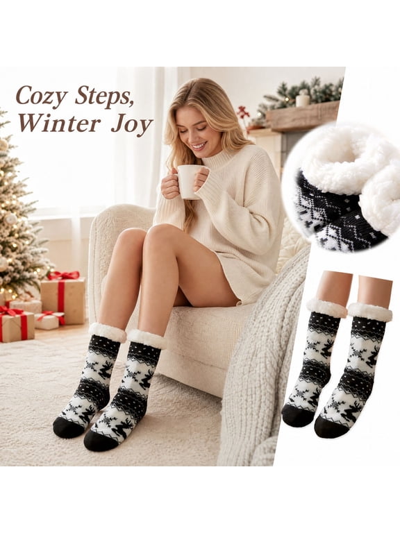 Women's & Men's Christmas Fuzzy Slipper Socks with Grippers Super Soft Warm Fleece Lined Cozy Home Socks Winter Gifts H One Size