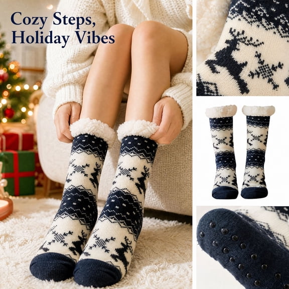 Lumtrix Women's & Men's Christmas Fuzzy Slipper Socks with Grippers Super Soft Warm Fleece Lined Cozy Home Socks Winter Gifts K One Size