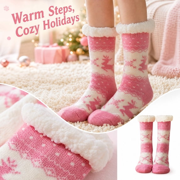 Lumtrix Women's & Men's Christmas Fuzzy Slipper Socks with Grippers Super Soft Warm Fleece Lined Cozy Home Socks Winter Gifts L One Size