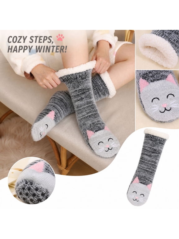 Women's & Men's Cute Animal Thick Fuzzy Slipper Socks Non Slip Warm Cozy Socks Indoor Winter Fleece Socks H One Size