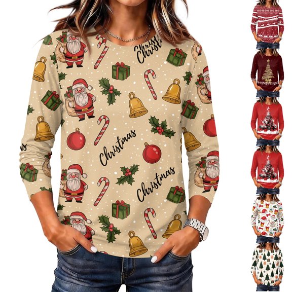 Lumtrix Women's Merry Christmas Shirts Christmas Long Length Sleeve christmas print Crew Neck Polo Shirts Multicolor L