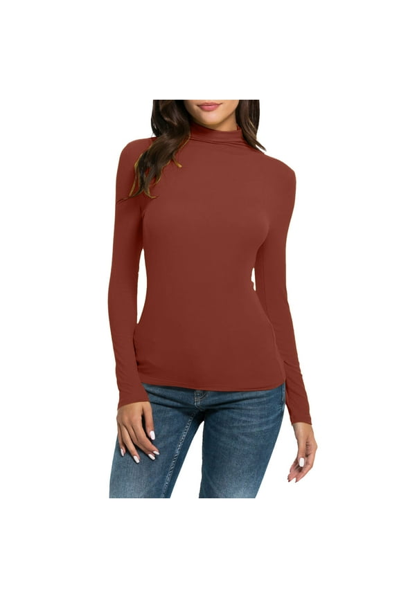 Women's Mock Turtle Neck Long Sleeve T Shirts Basic Lightweight Stretch Slim Fitted Tops Fall & Winter for Underwear Soft Casual Tops Coffee M
